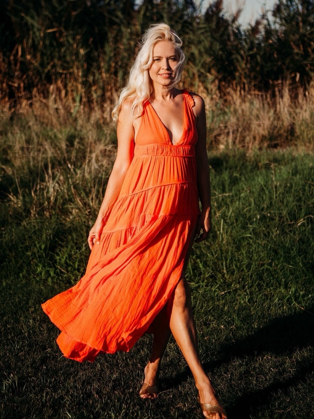 Anthropologie Celandine Orange Maxi Dress with Deep V and slit - Picture 6 of 7